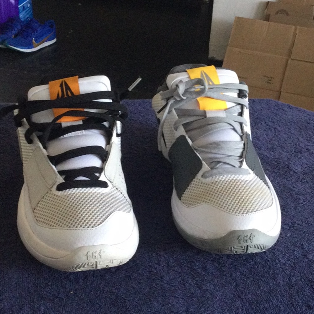 Kids White and Gray Athletic Sneakers with Yellow Accent
